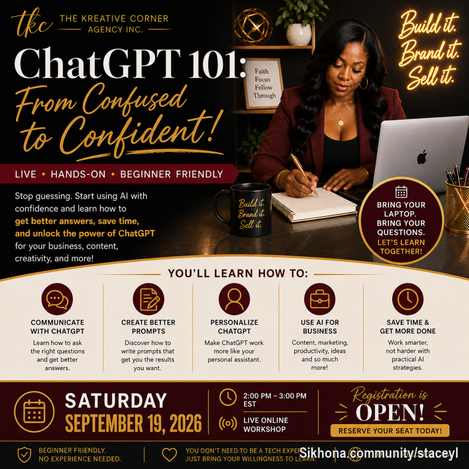 You have ChatGPT… but are you REALLY using it? 👀

Stop guessing and start learning how to make ChatGPT actually work for YOU.

💻 ChatGPT 101: From Confused to Confident!
📅 September 19, 2026 | 2 PM EST
✨ Live • Hands-On • Beginner Friendly

No tech experience needed—just bring your laptop, your questions, and your willingness to learn.

🔥 Registration is OPEN! Reserve your seat today.
Click Link Below
https://thekreativecorner.com/item/chatgpt-101-workshop/

#ChatGPT101 #LearnChatGPT #AIForBeginners #AIForBusiness #SmallBusinessOwners